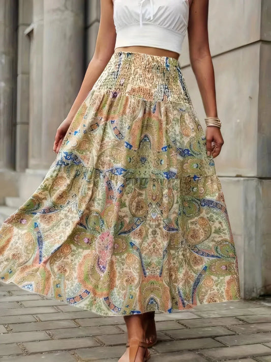 Smocked High Waist Maxi Boho Skirt – Printed Flowy Summer Skirt