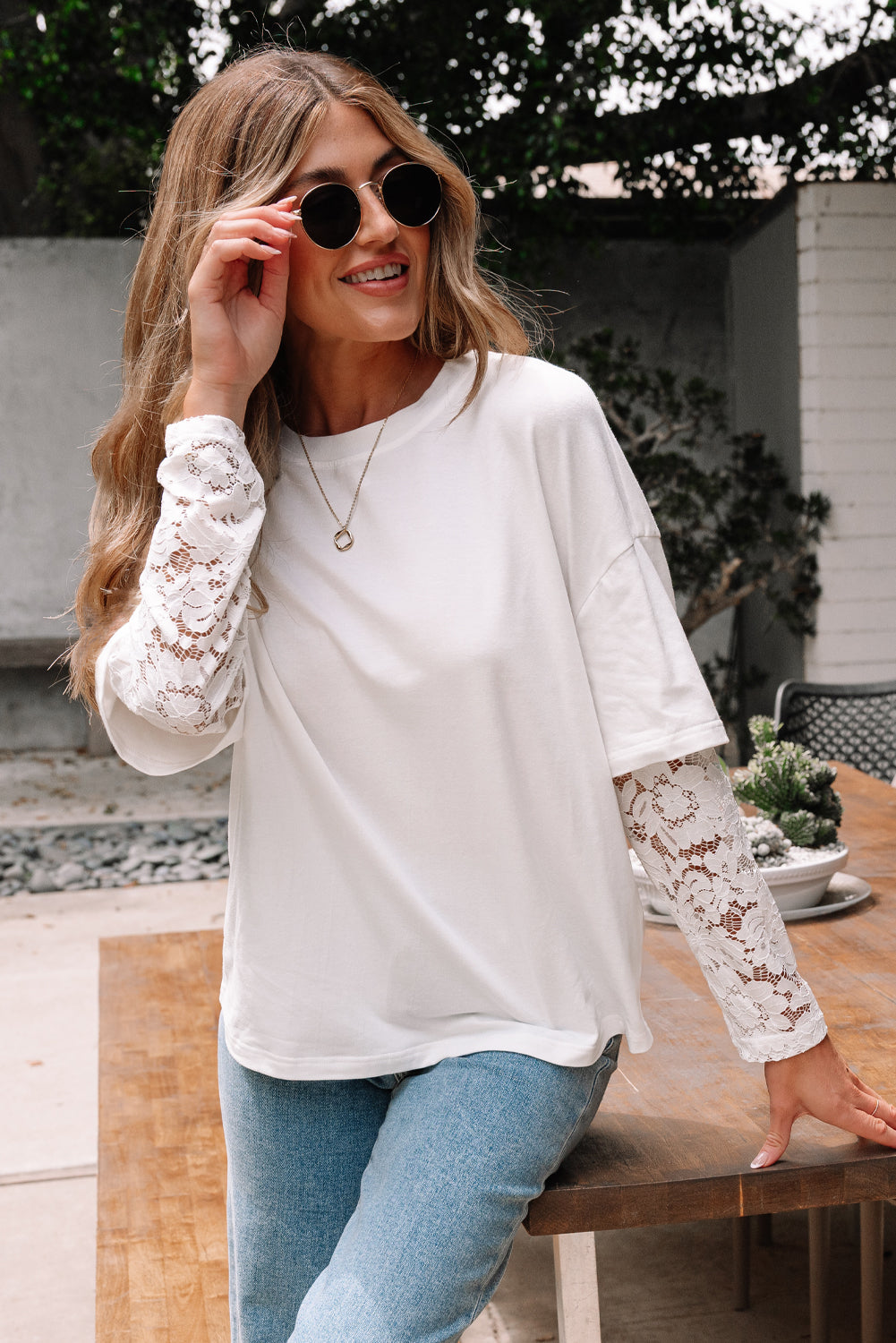 Hallie Lace Long Sleeve Insert Drop Shoulder Top