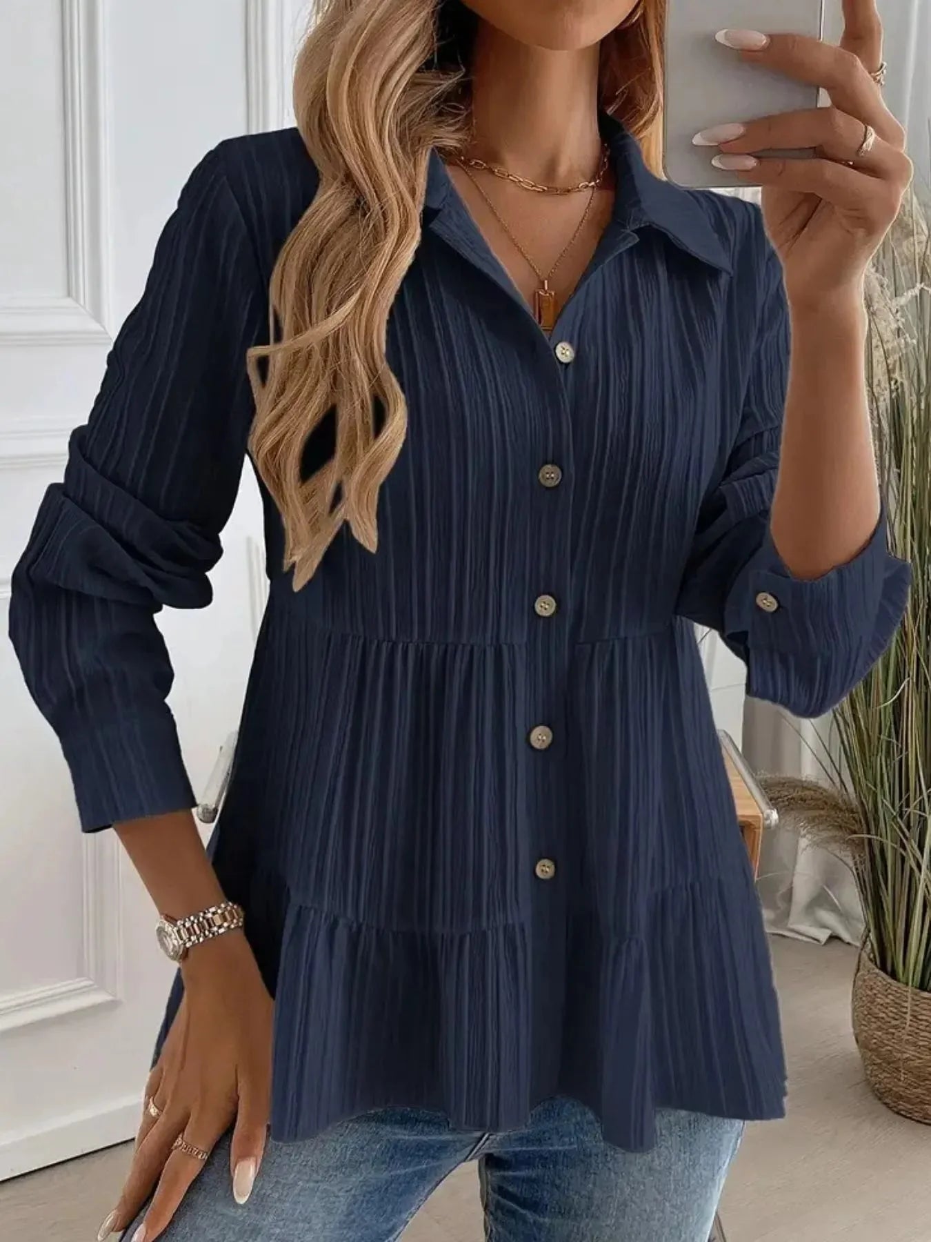 Striped Tiered  Button Down Shirt