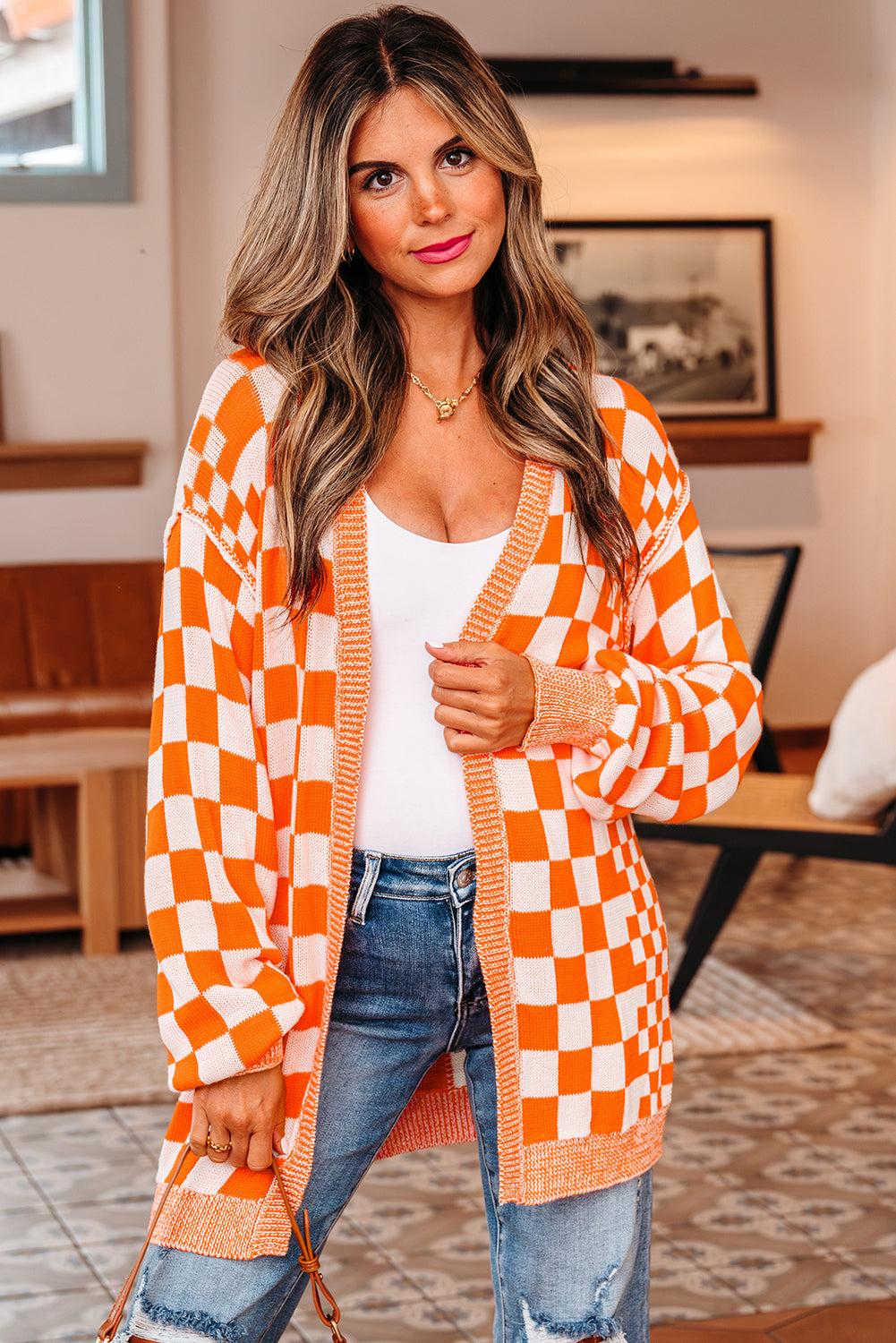 Wrenley Checkered Open Front Drop Shoulder Cardigan