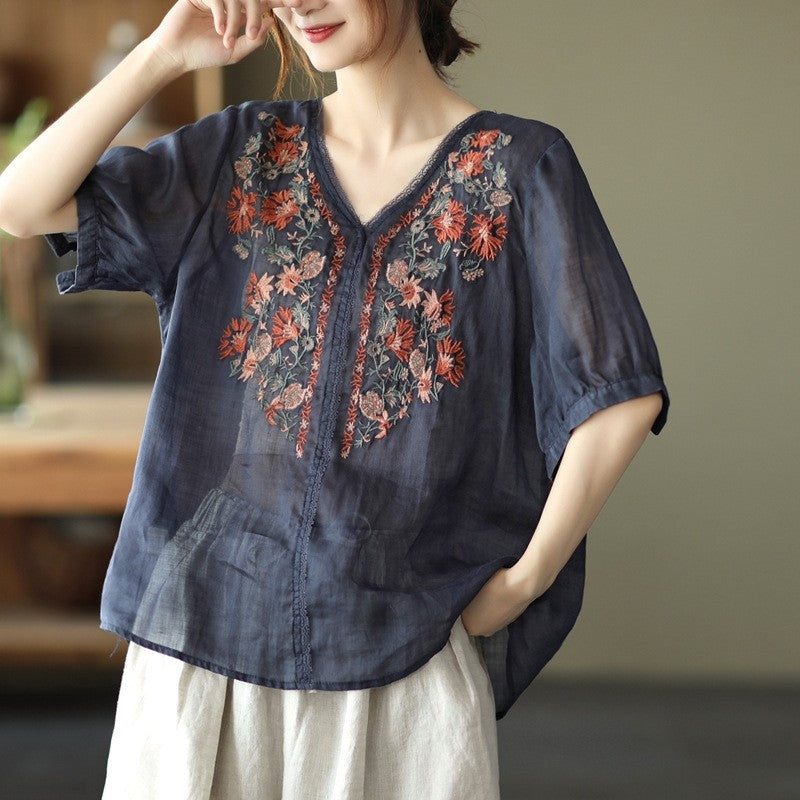 Loose-Fit Short-Sleeve Vintage Art Embroidery Pullover