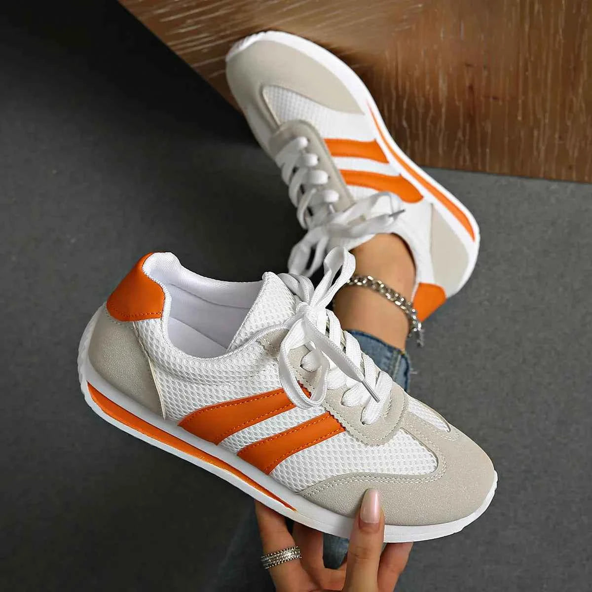 Striped Contrast Mesh Lace Up Sneakers