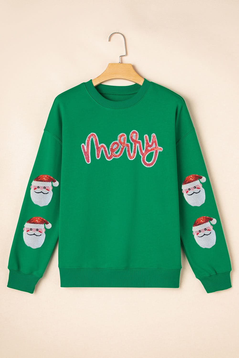 Dark Green Sequin Letter Graphic Father Christmas Patched Sleeve Sweatshirt