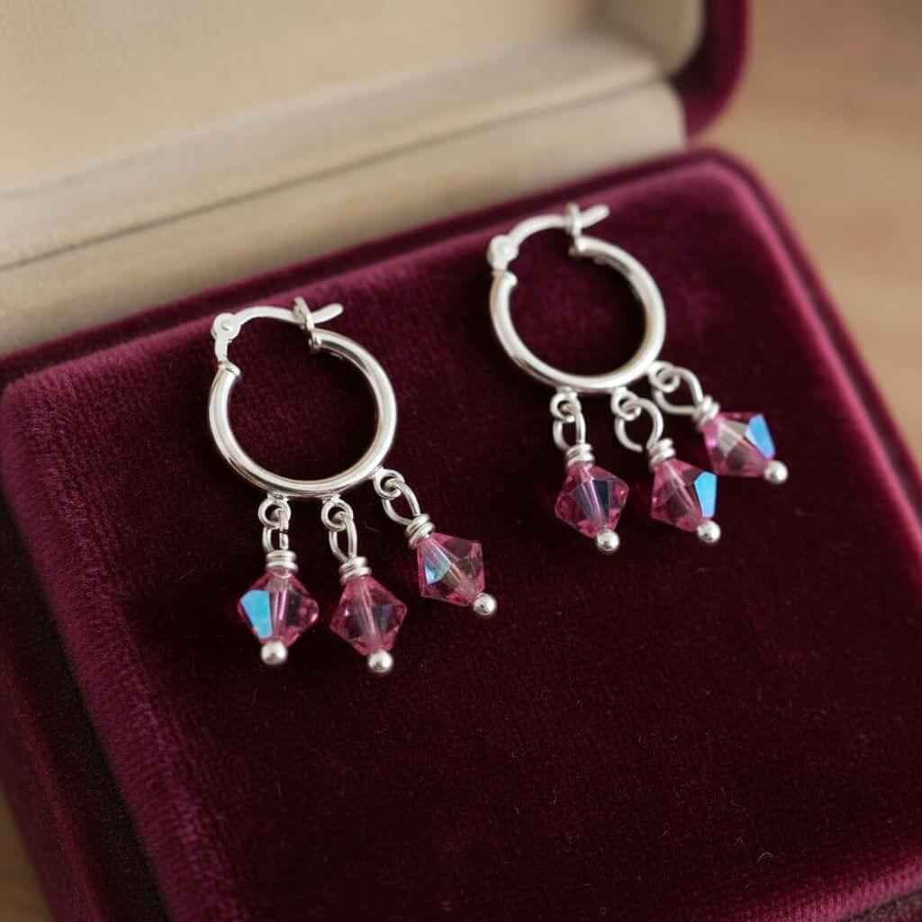 Mini Sterling Silver Hoop Pink Crystal Dangle Earrings