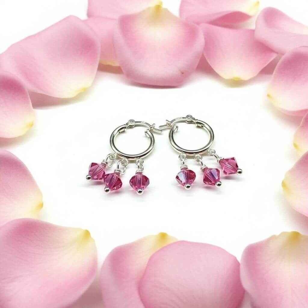 Mini Sterling Silver Hoop Pink Crystal Dangle Earrings
