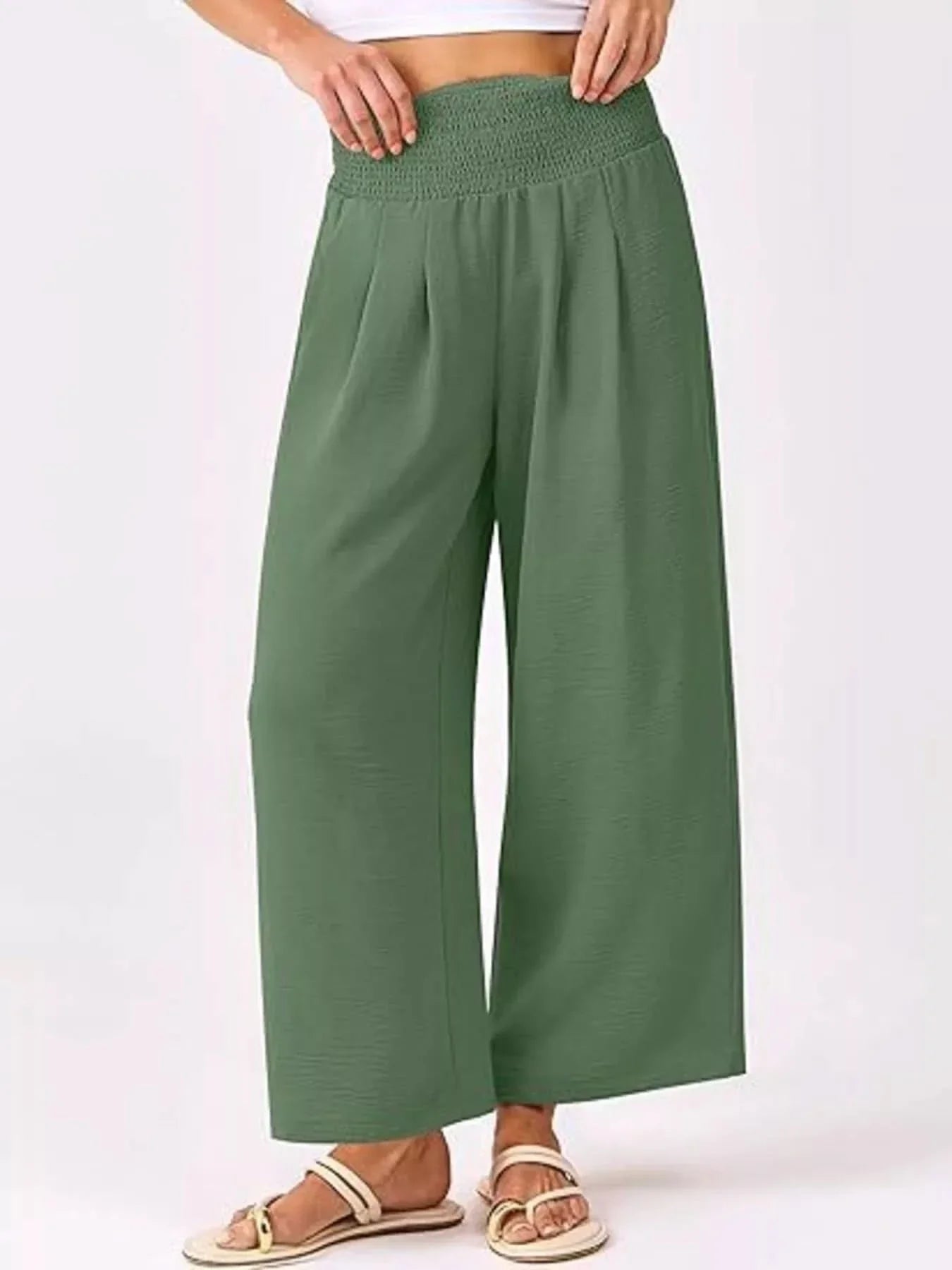 Wide Leg Smocked High Waist Pants With Pockets Polyester