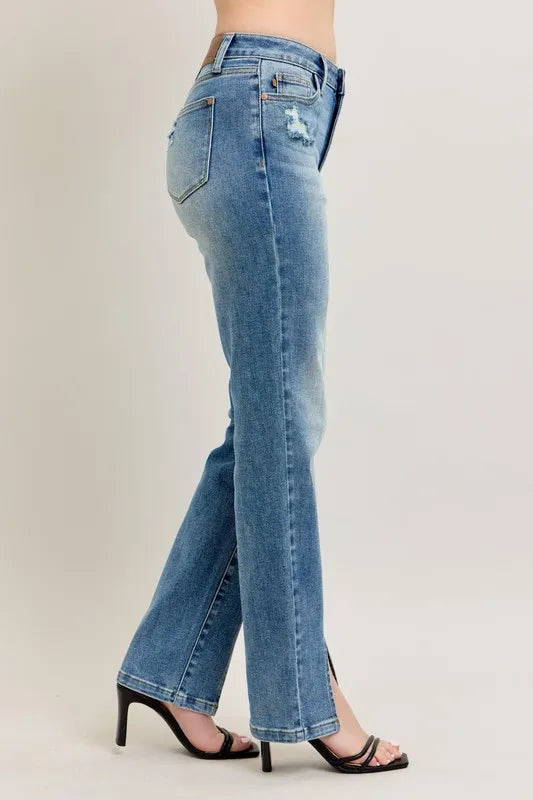 Judy Blue Full Size High Waist Vintage Wash Front Seam & Slit Straight Plus Size