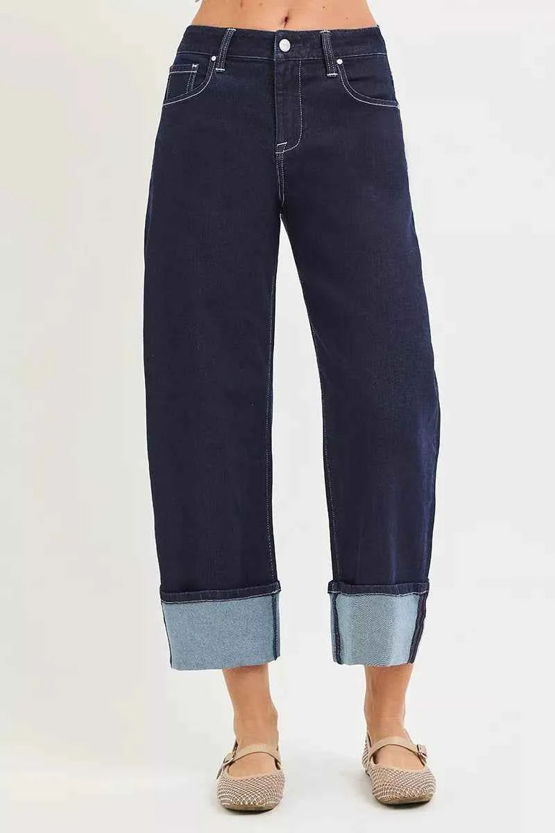 Dark Wash Slouchy Crop Barrel Cuffed Hem Jeans by Risen