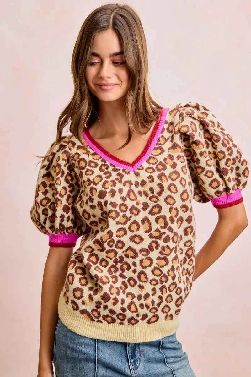 Leopard Pattern Ribbed Puff Sleeve V-neck Sweater Top by BiBi