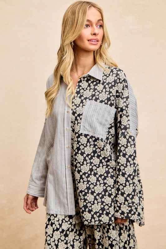 BiBi Stripes Jacquard Floral Mix And Match Shirt Top