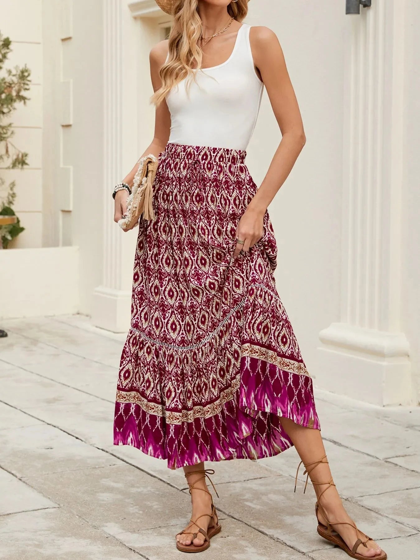Printed Ruched Bohemian Maxi Skirt