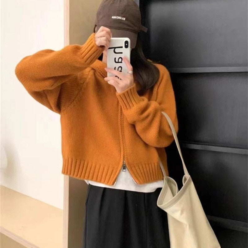 Solid Color Long Sleeve Hooded Zipper Knitted Cardigan Sweater