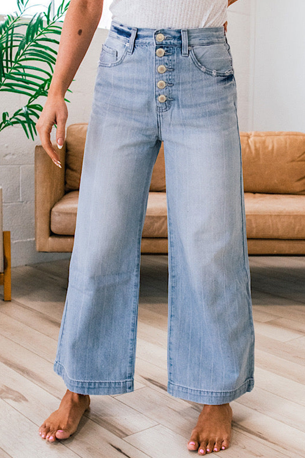 Beau Blue Wide Leg Jeans With Multiple Button Details