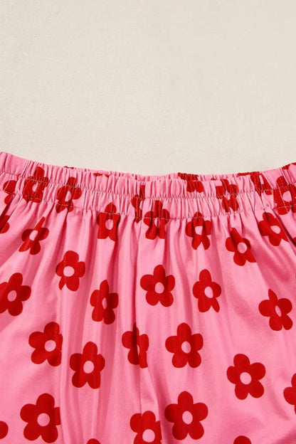 Pink & Red Floral Cropped Tee and Shorts Womens Loungewear Set