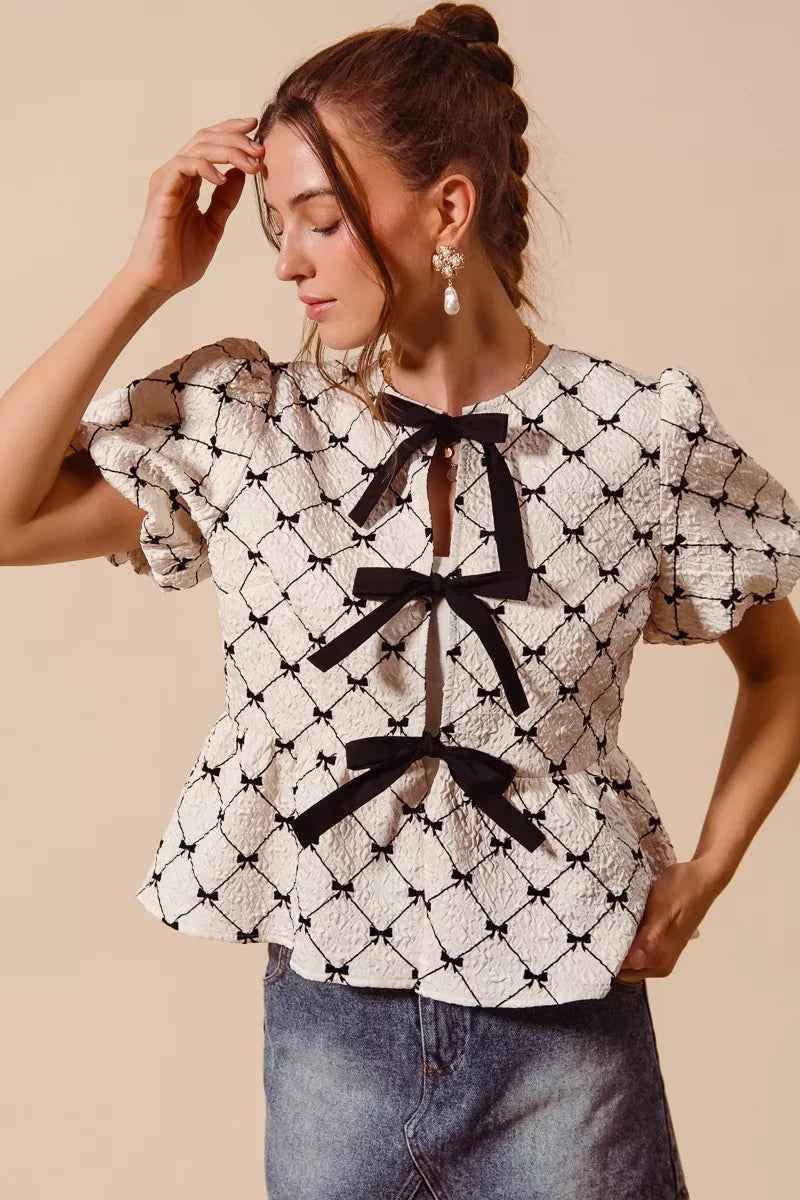 Ivory Textured Peplum Top with Bow Detail & Contrast Tie by So Me