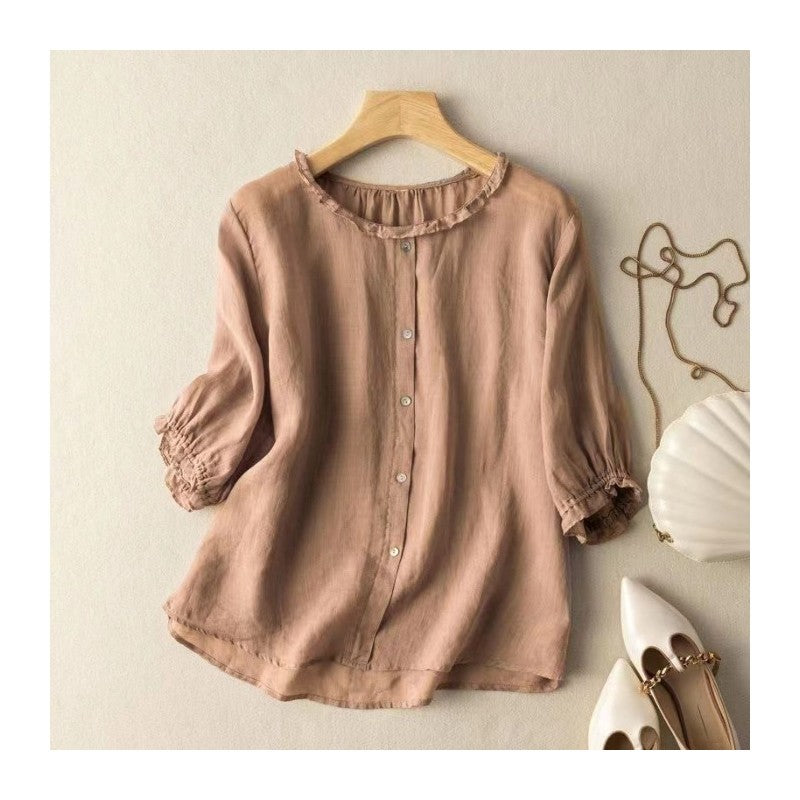 Breathable Cotton Linen Pullover Shirt with Seven-Point Sleeves