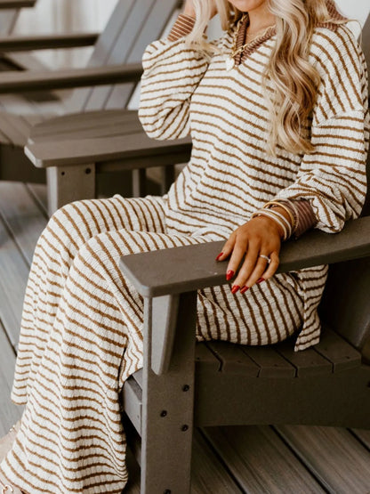 Stripe Collared Top and Drawstring Pant Loungewear Set
