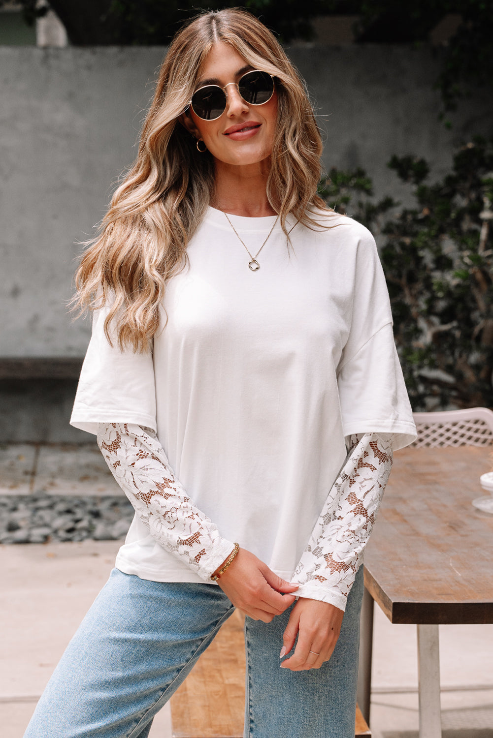 Hallie Lace Long Sleeve Insert Drop Shoulder Top