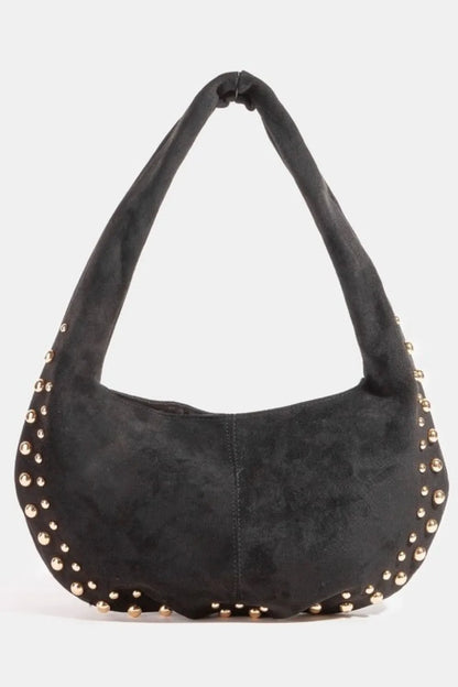 Fame Metallic Studded Faux Suede Shoulder Bag Black