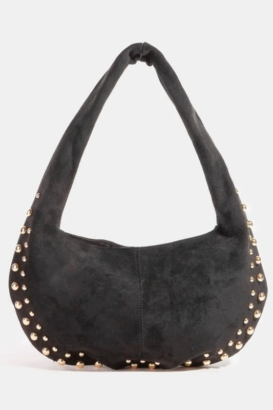 Fame Metallic Studded Faux Suede Shoulder Bag Black