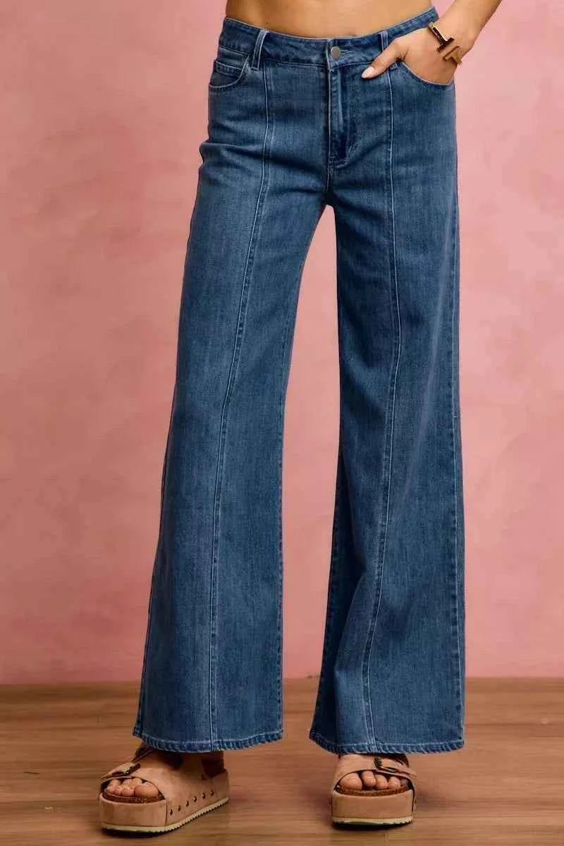Seam Detail Mid Rise Stretch Denim Jeans by So Me