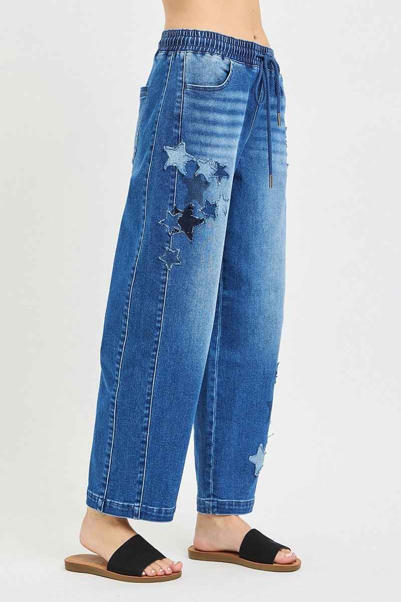 Elastic Band Slouchy Cropped Barrel with Star Patch by Risen