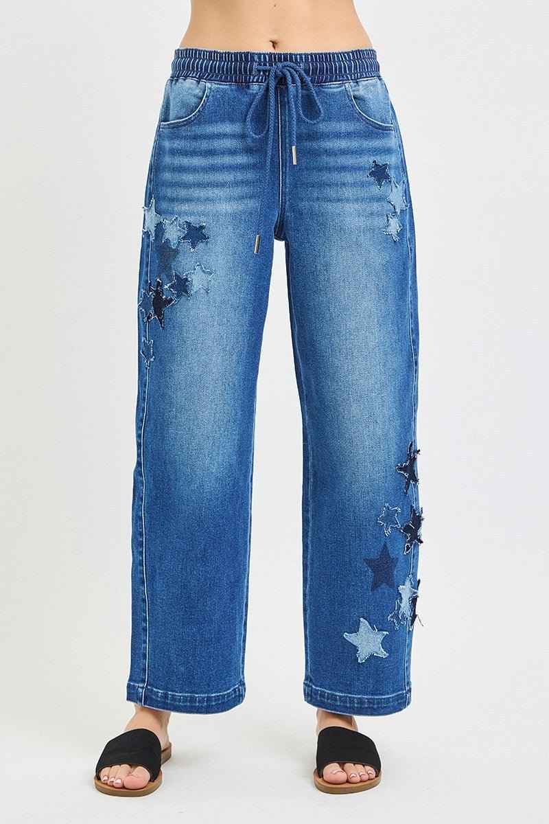 Elastic Band Slouchy Cropped Barrel with Star Patch by Risen