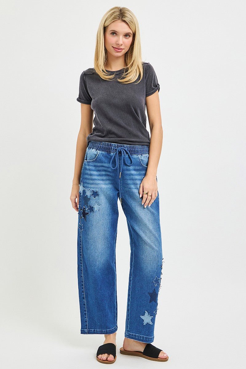 Elastic Band Slouchy Cropped Barrel with Star Patch by Risen