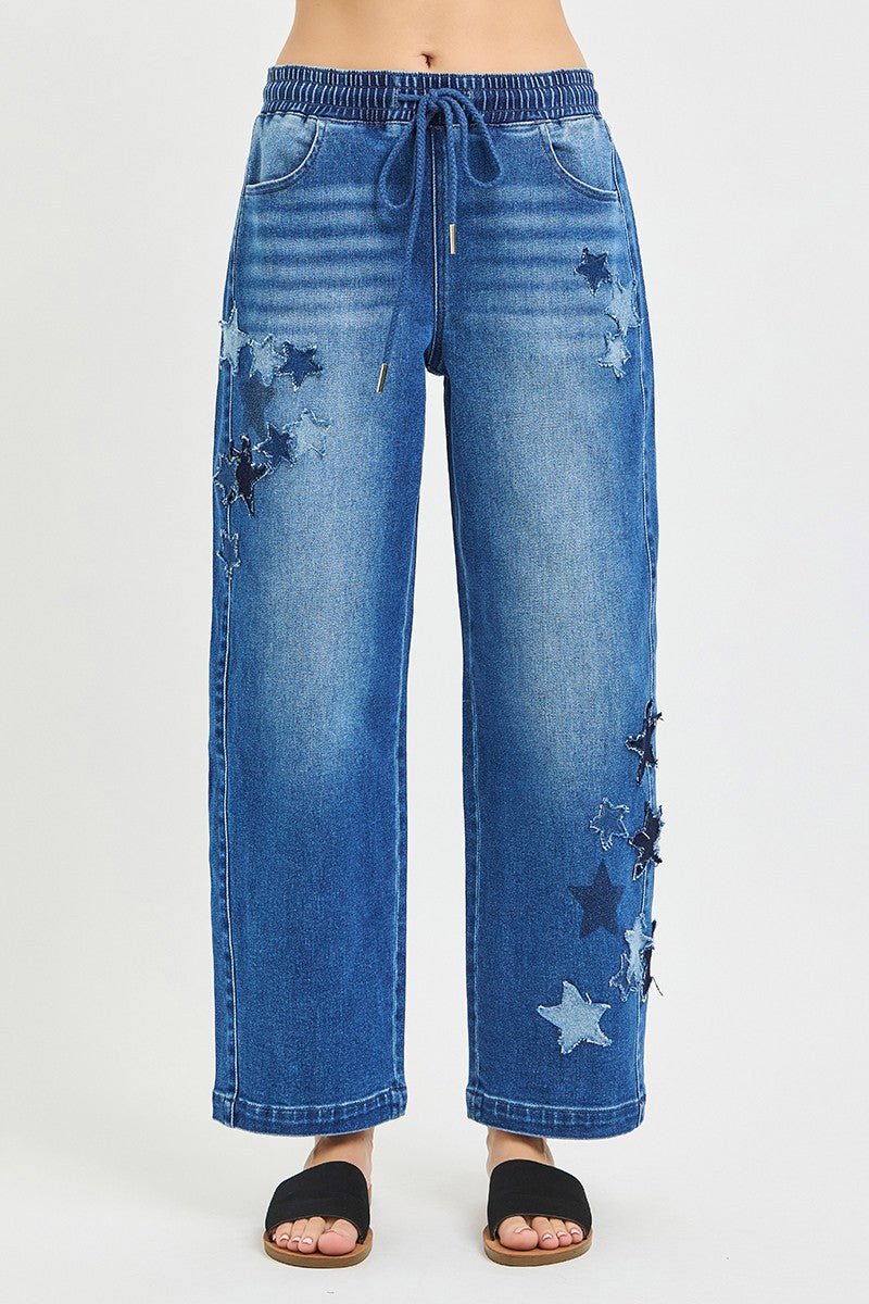 Elastic Band Slouchy Cropped Barrel with Star Patch by Risen