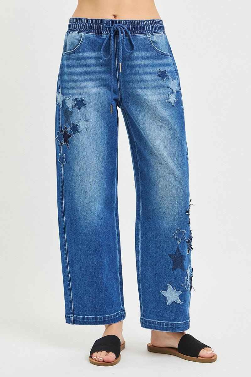 Elastic Band Slouchy Cropped Barrel with Star Patch by Risen