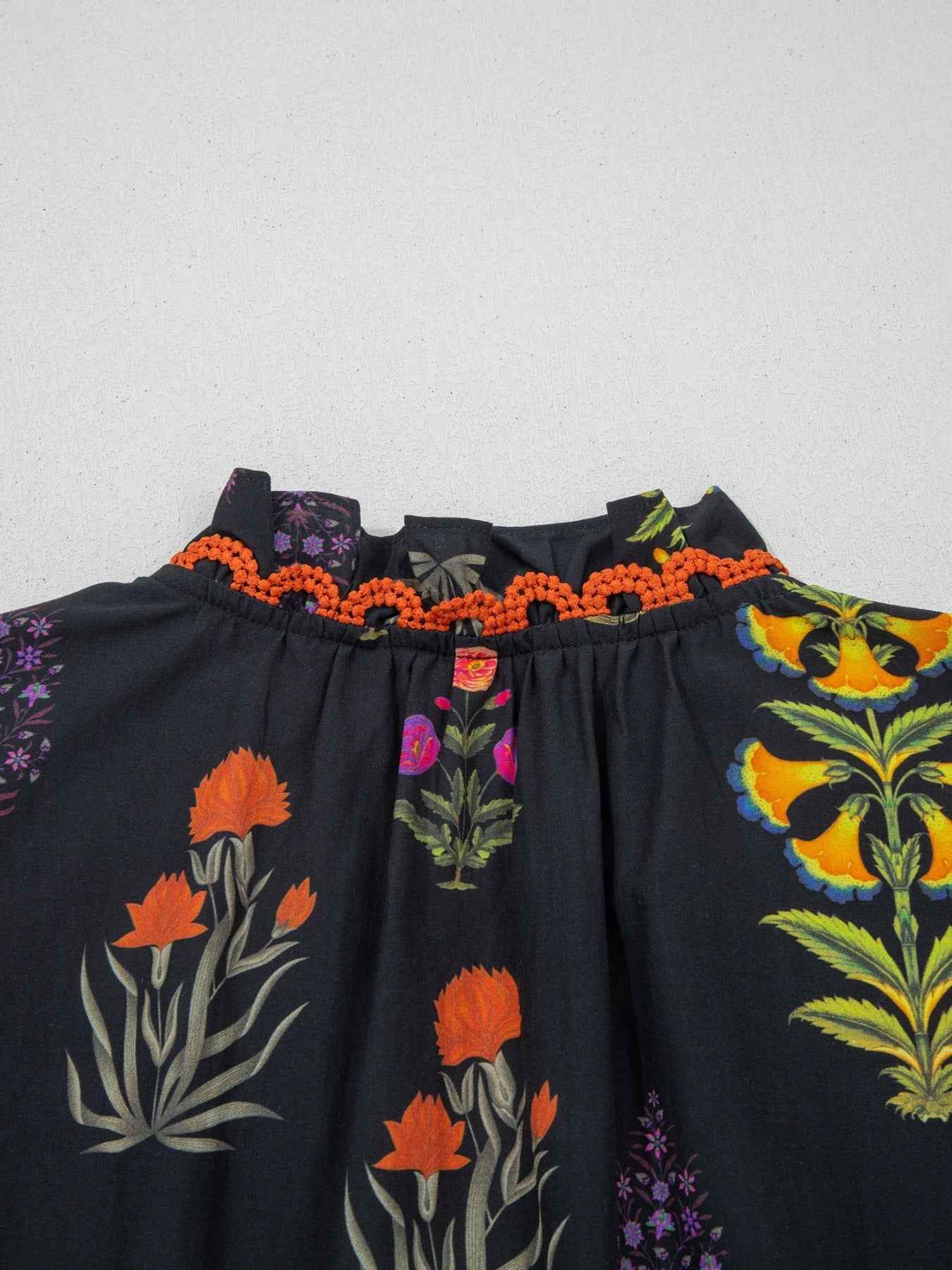 Floral Print Lace Trim Frilled V Neck Short Sleeve Shirt