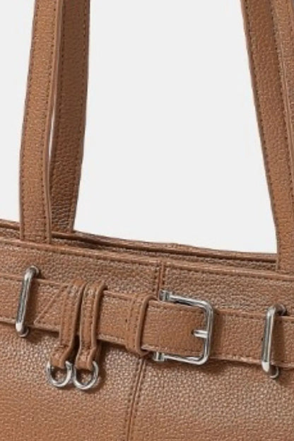 Fame Belt Strap Textured Faux Leather Cognac Shoulder Bag