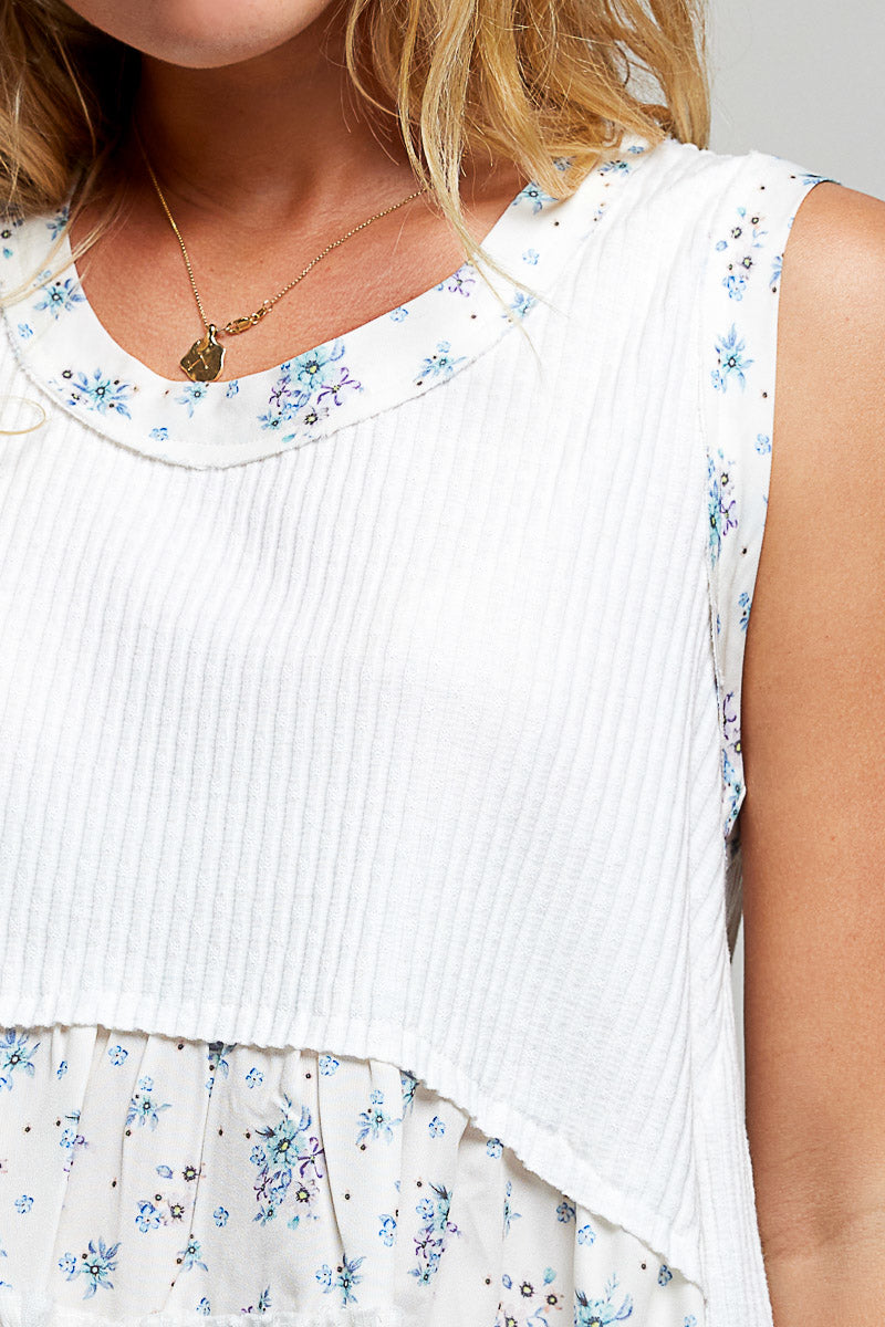POL Floral Print Patche Round Neck Ribbed Tank with Double Gauze Ruffle Accents