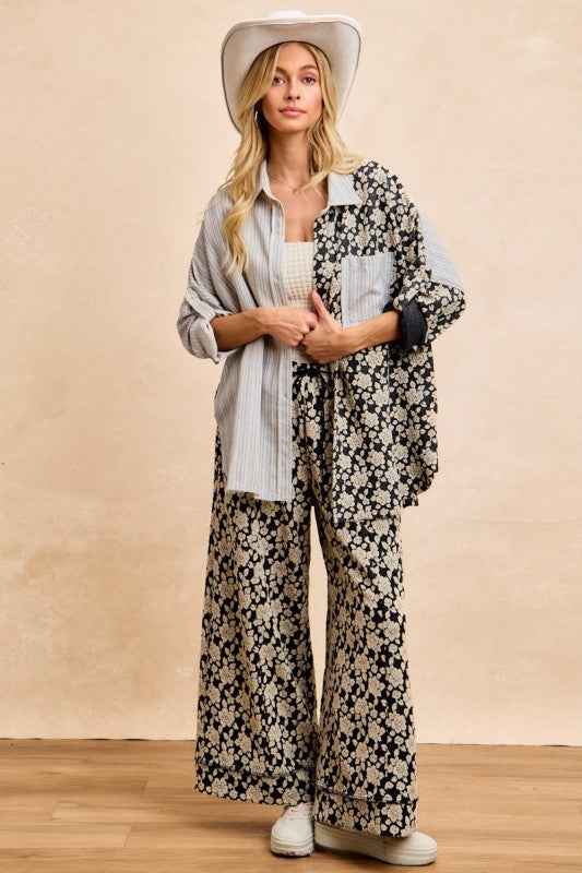 BiBi Stripes Jacquard Floral Mix And Match Shirt Top