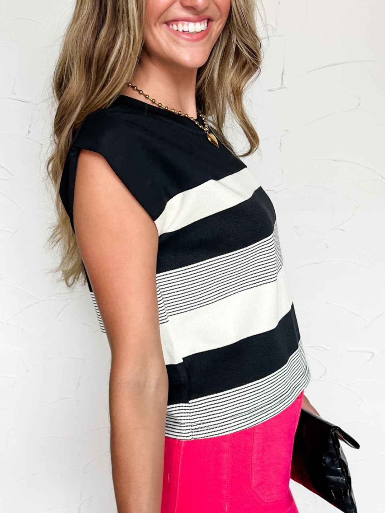 Stripe Mixed Print Crew Neck Cap Sleeve T Shirt