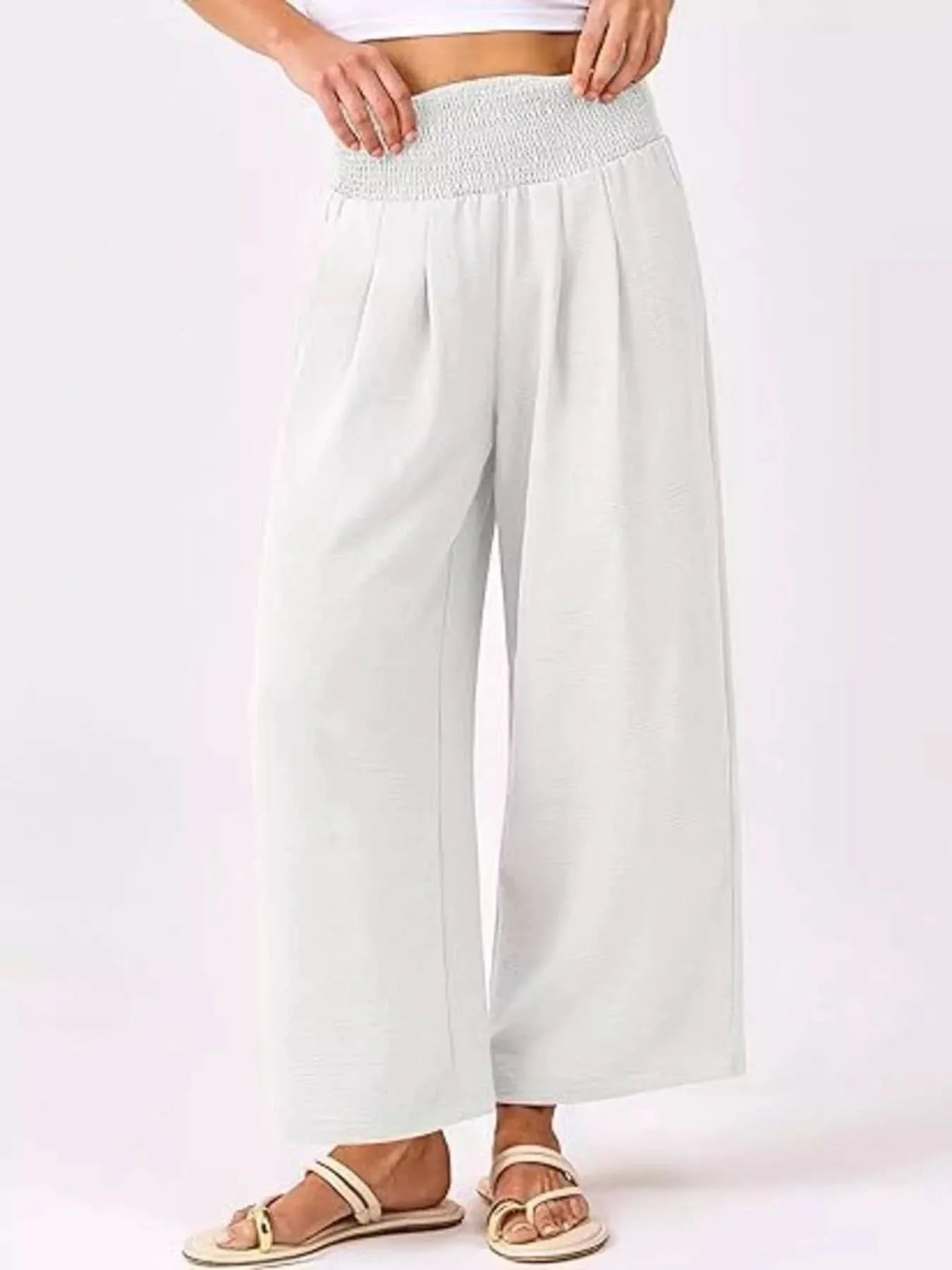 Wide Leg Smocked High Waist Pants With Pockets Polyester