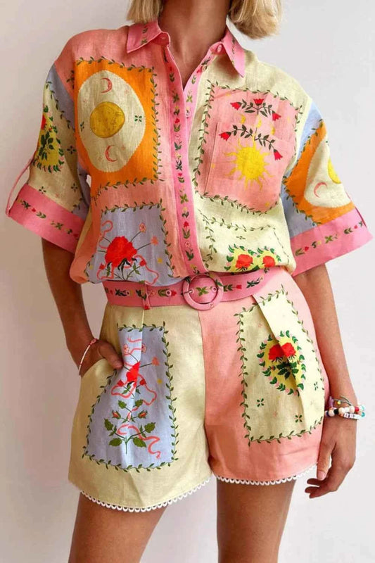 Printed Short Sleeve Shirt and Shorts Set