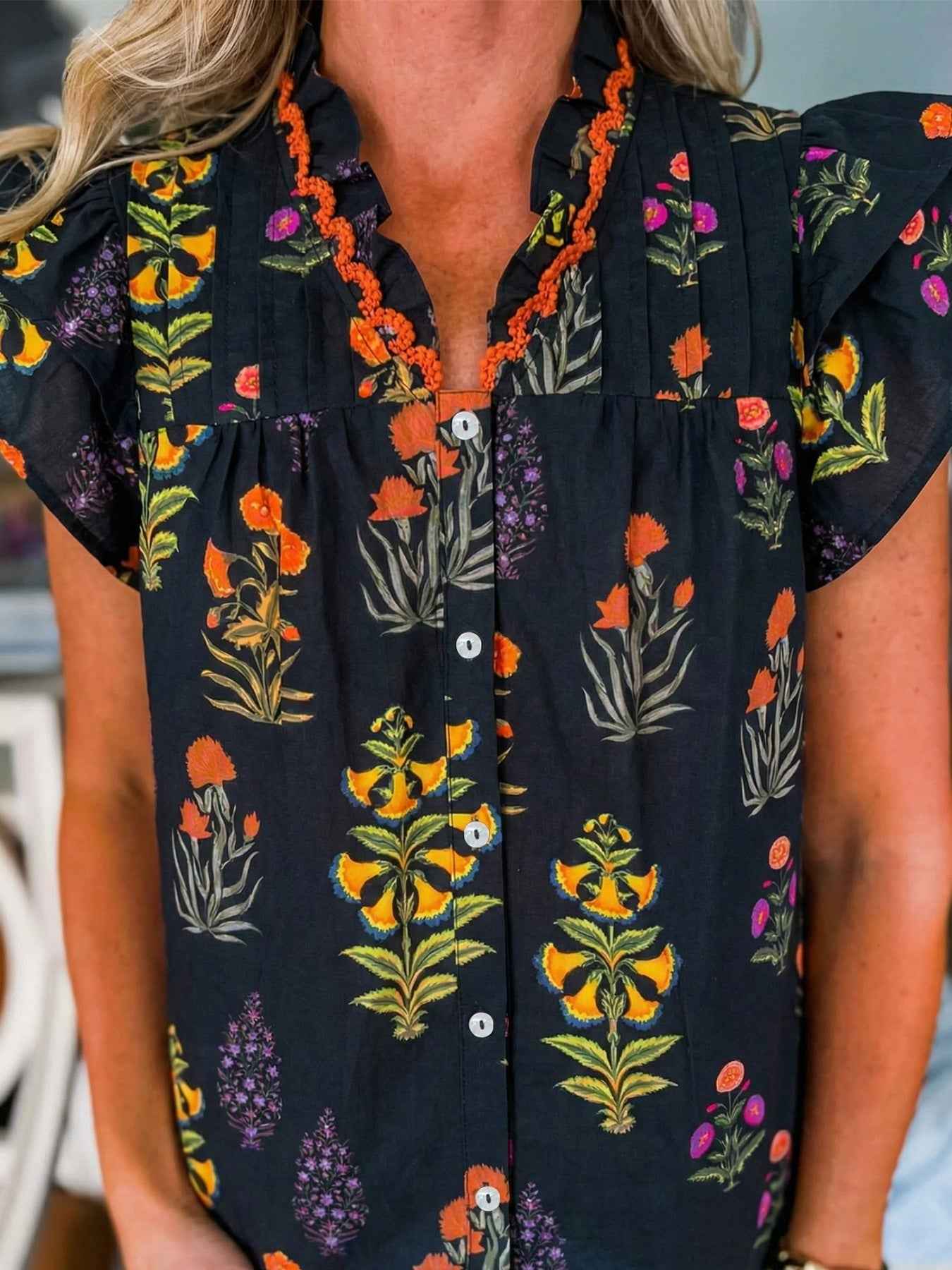 Floral Print Lace Trim Frilled V Neck Short Sleeve Shirt