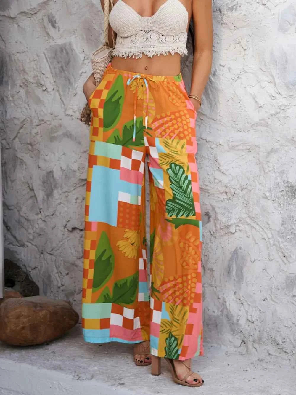Devine Drawstring Printed Wide Leg Pants