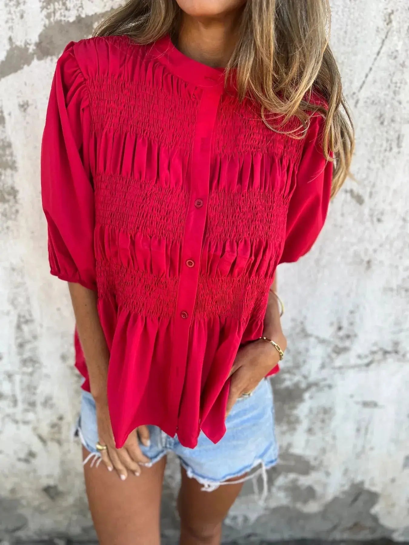 Full Size Red Smocked Button Puff Sleeve Blouse – Plus Size