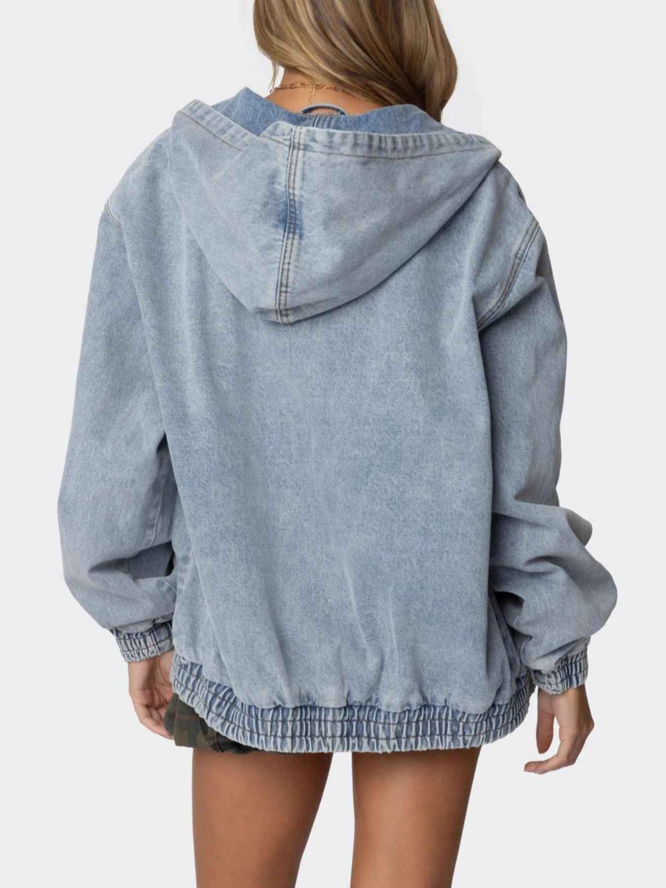 Hooded Oversized Zip Up Denim Jacket