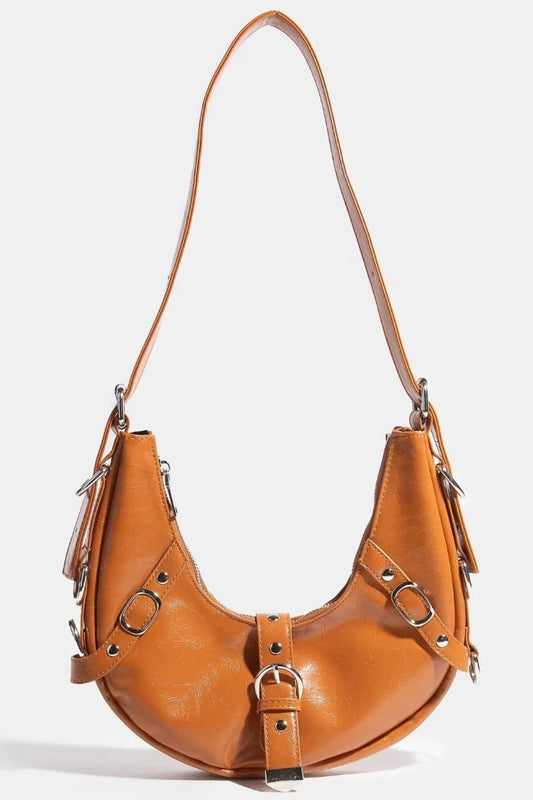 Fame Crescent Moon Leather Shoulder Bag With Belt Straps