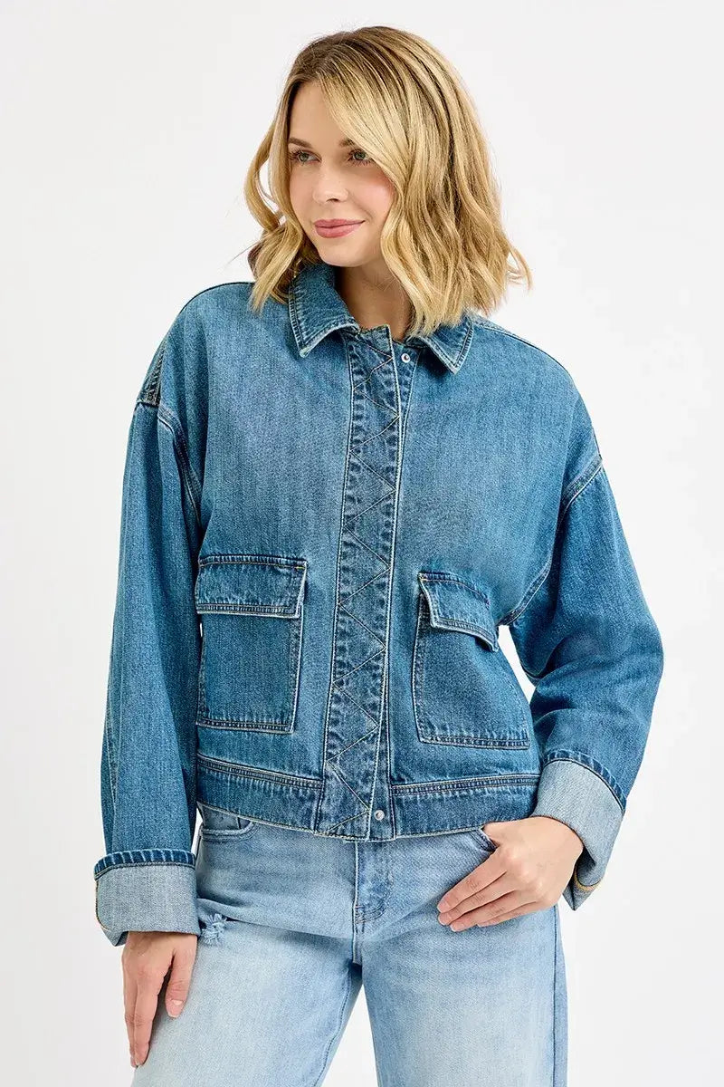 RISEN Oversized Cargo Pocket Denim Jacket with Cuffed Sleeves