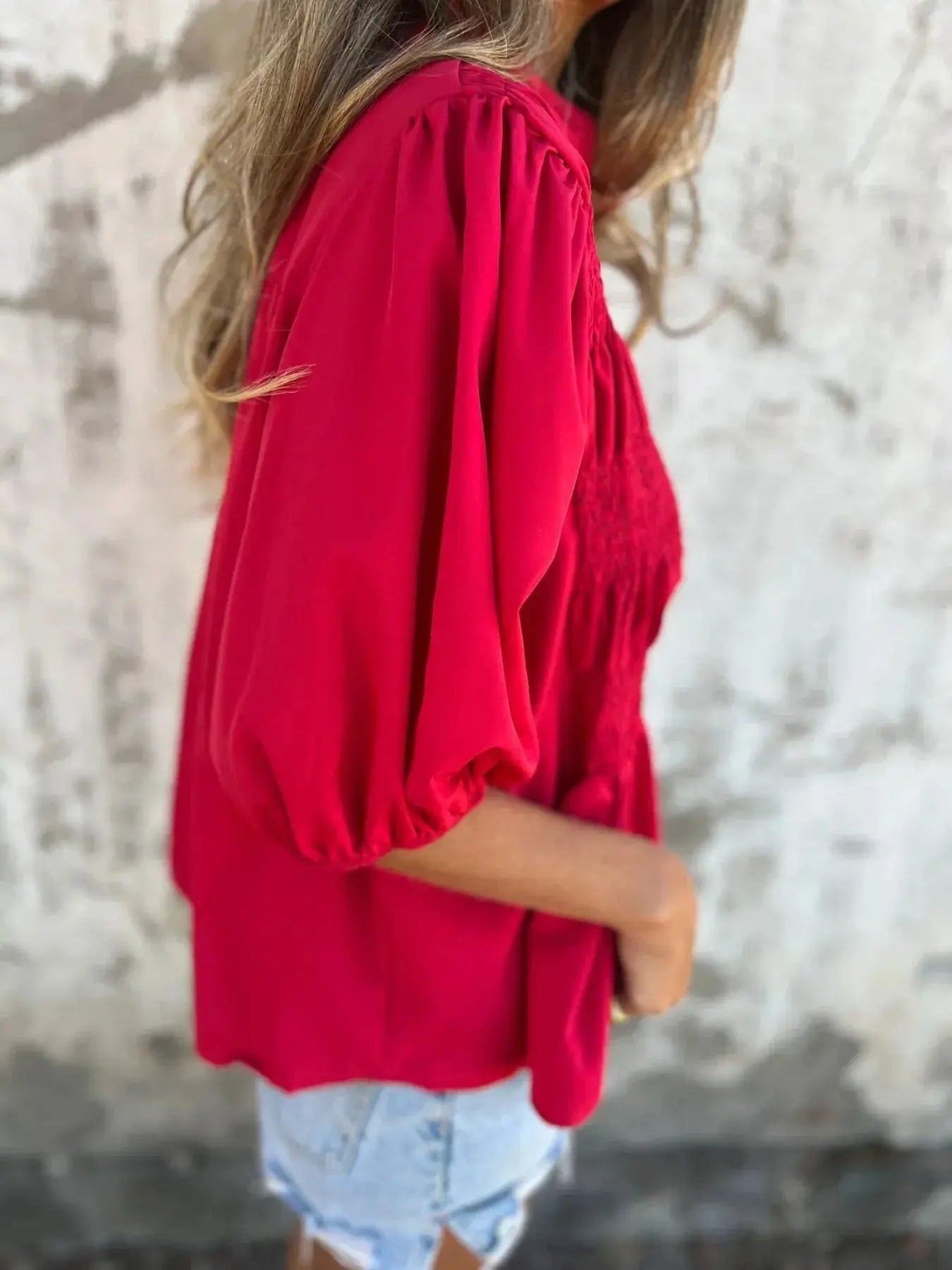 Full Size Red Smocked Button Puff Sleeve Blouse – Plus Size