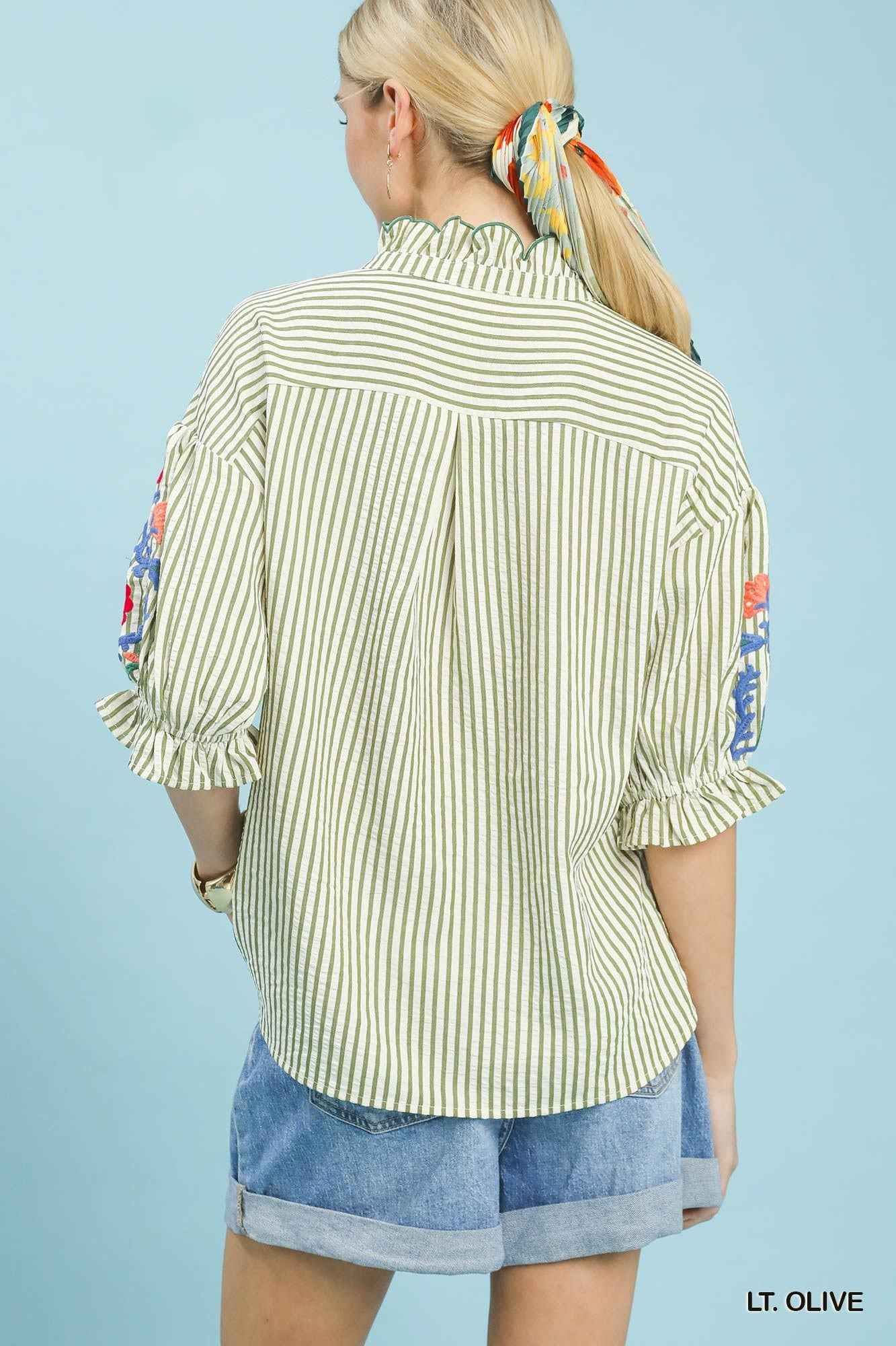 Umgee Embroidered Ruffle Trim Stripe Blouse