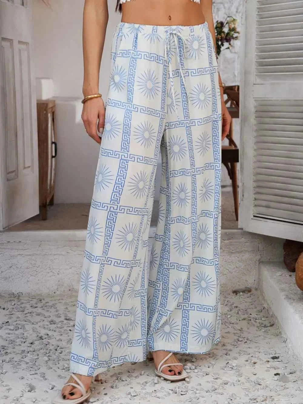 Devine Drawstring Printed Wide Leg Pants