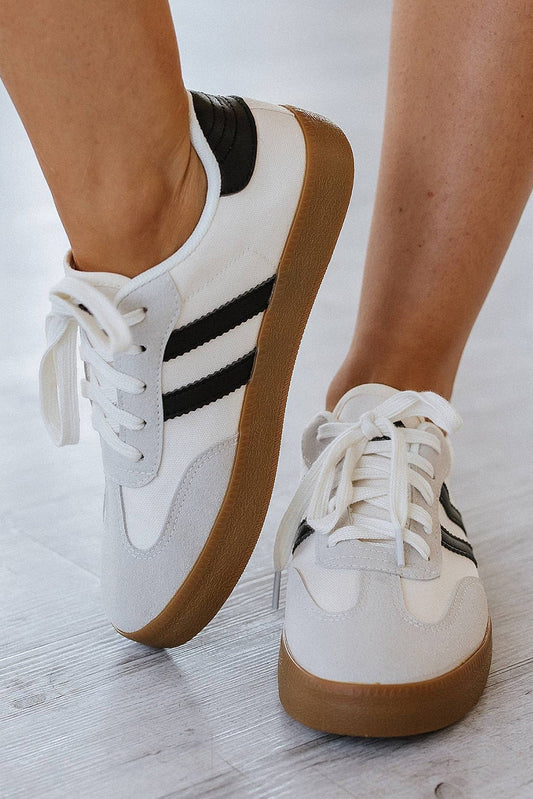 White Striped Lace Up Flat Sneakers For Everyday Comfort