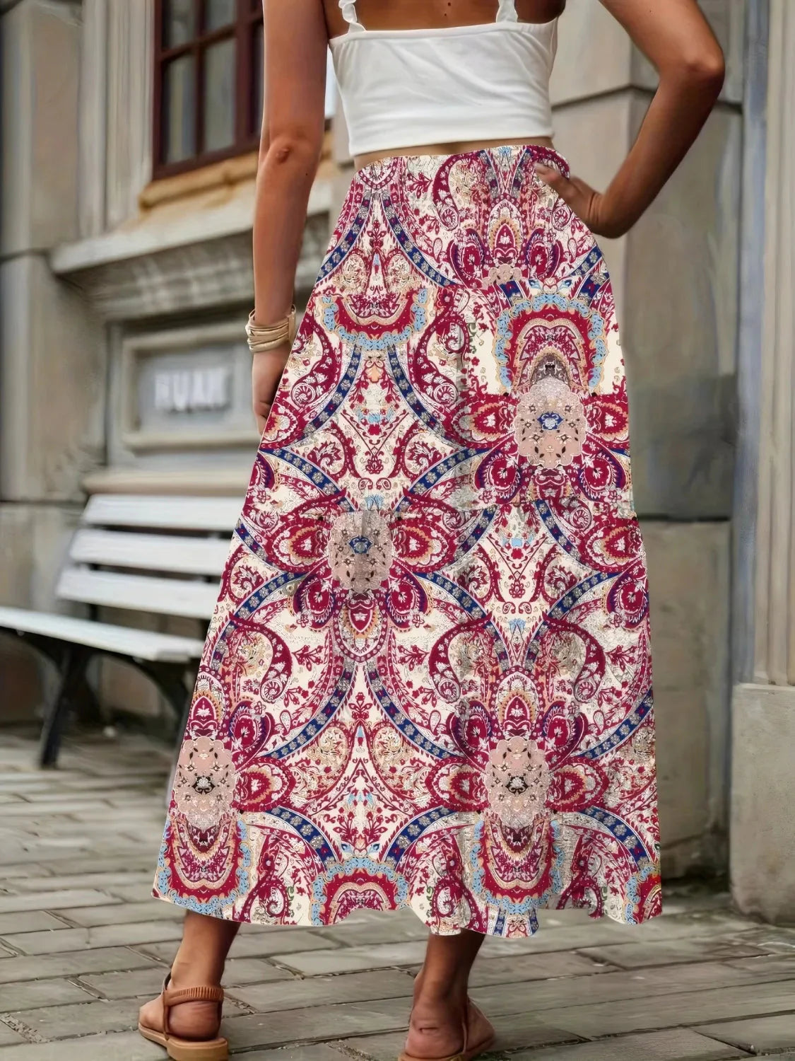 Smocked High Waist Maxi Boho Skirt – Printed Flowy Summer Skirt