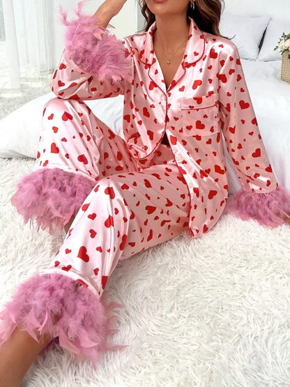Button Up Top and Pants Heart Print Lounge Set