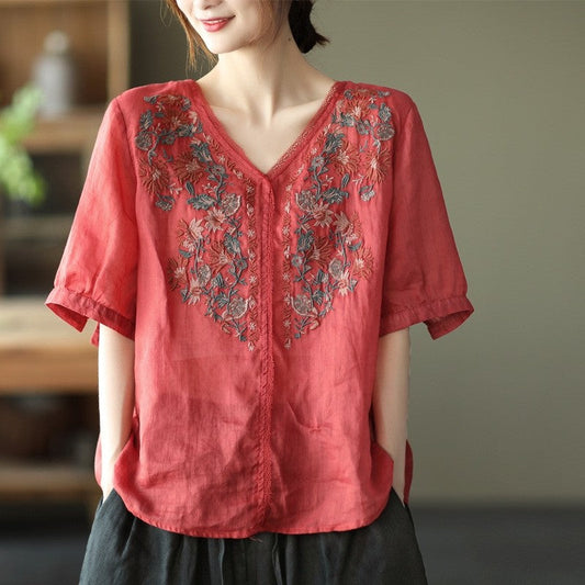 Loose-Fit Short-Sleeve Vintage Art Embroidery Pullover